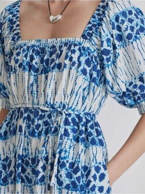 Apiece Apart Shibori Shirred Square-Neck Blue and White Printed Midi Dress, NWT